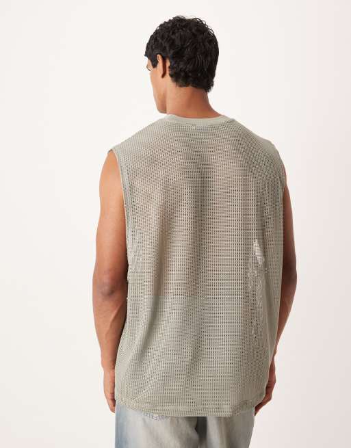 ASOS DESIGN - Top senza maniche oversize in rete traforata verde salvia con giromanica ampio , 3 di 5