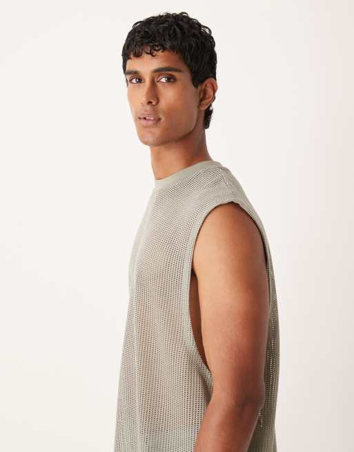 ASOS DESIGN - Top senza maniche oversize in rete traforata verde salvia con giromanica ampio , 4 di 5