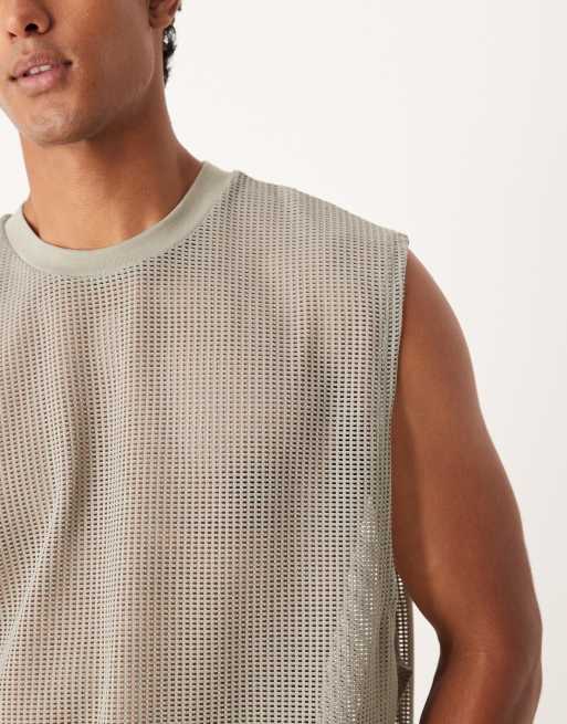ASOS DESIGN - Top senza maniche oversize in rete traforata verde salvia con giromanica ampio , 5 di 5