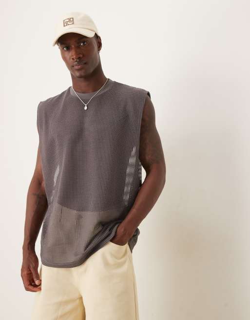 ASOS DESIGN - Top senza maniche oversize in tessuto a rete traforato color antracite con giromanica ampio