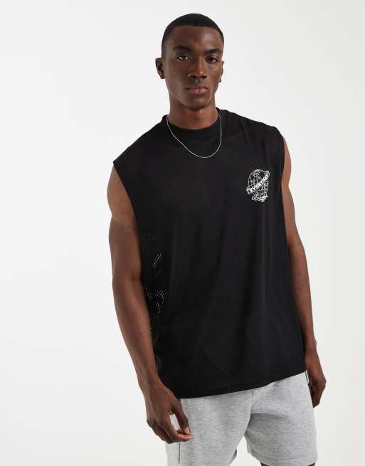 ASOS DESIGN - Top senza maniche oversize in tessuto airtex nero con grafica a globo, 2 di 5