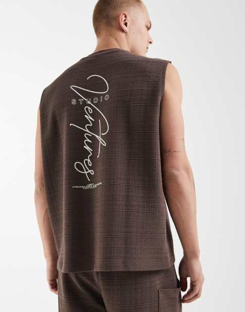 ASOS DESIGN - Top senza maniche oversize in tessuto pesante marrone testurizzato con scritta grafica - view 1