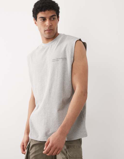 ASOS DESIGN - Top senza maniche oversize pesante grigio mélange testurizzato con grafica, 3 di 5