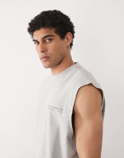 ASOS DESIGN - Top senza maniche oversize pesante grigio mélange testurizzato con grafica, 5 di 5