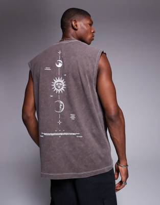 ASOS DESIGN - Top senza maniche oversize pesante marrone slavato con grafica - view 1