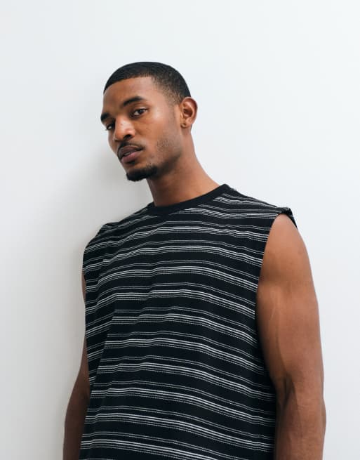 ASOS DESIGN - Top senza maniche oversize pesante nero e bianco testurizzato a righe, 4 di 5