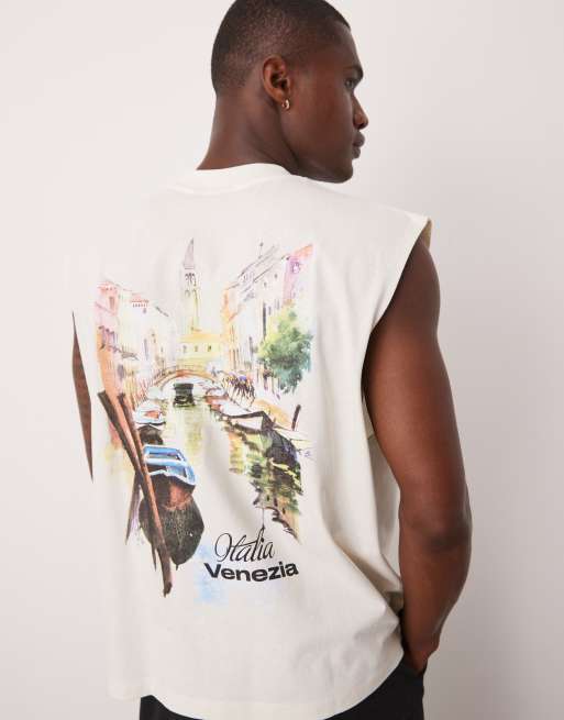 ASOS DESIGN - Top senza maniche oversize squadrato color crema con stampa di città