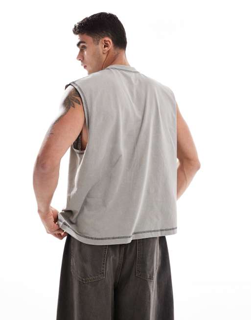 ASOS DESIGN - Top senza maniche oversize squadrato pesante grigio slavato con scritta , 2 di 4