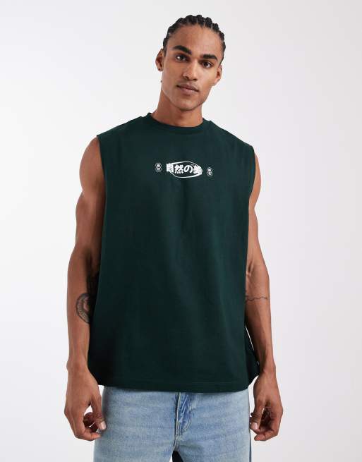 ASOS DESIGN - Top senza maniche oversize verde scuro con stampa di bonsai, 3 di 5