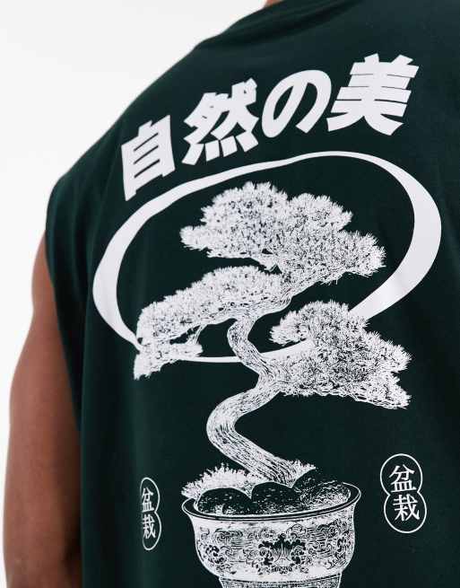 ASOS DESIGN - Top senza maniche oversize verde scuro con stampa di bonsai, 5 di 5