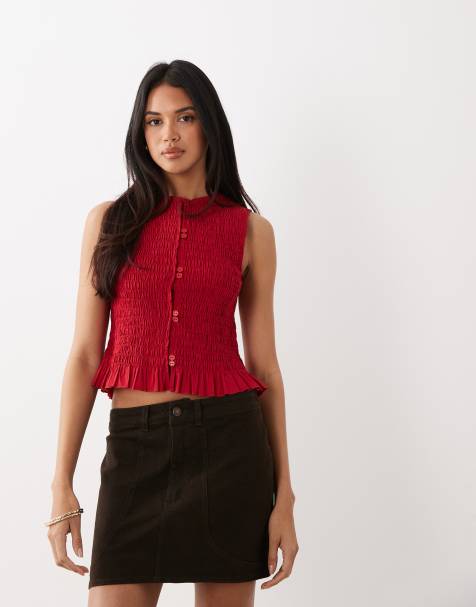 ASOS DESIGN - Top senza maniche rosso arricciato con bottoni doppi - view 1