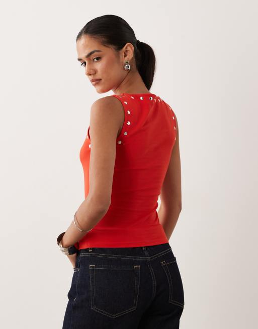ASOS DESIGN - Top senza maniche rosso con borchie, 3 di 4