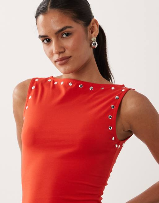 ASOS DESIGN - Top senza maniche rosso con borchie, 4 di 4