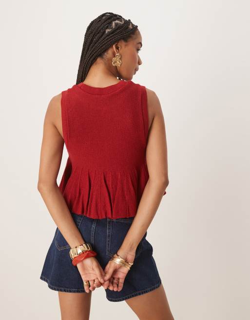 ASOS DESIGN - Top senza maniche rosso in maglia con fondo peplo a volant, 3 di 4