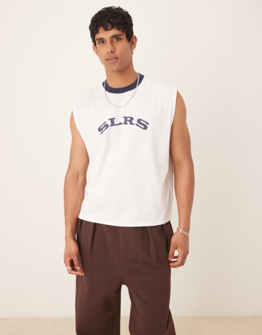ASOS DESIGN - Top senza maniche squadrato comodo bianco in maglia pesante con stampa, 2 di 4