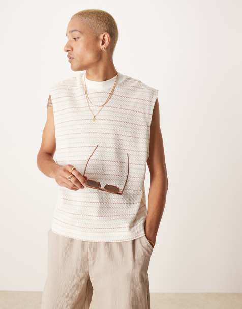 ASOS DESIGN - Top senza maniche squadrato oversize a righe di colore neutro testurizzate - view 1