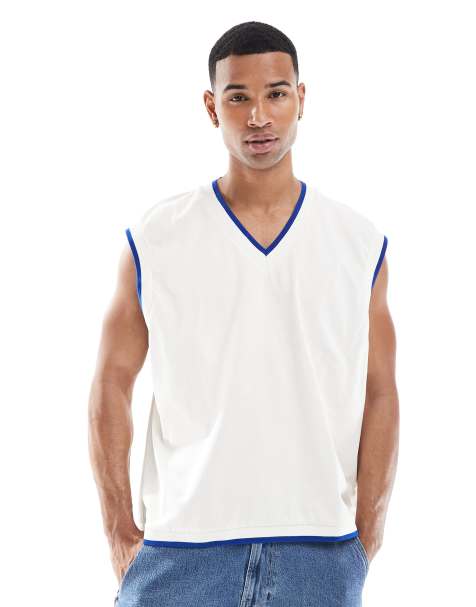 ASOS DESIGN - Top senza maniche squadrato oversize color panna con profili blu - view 1