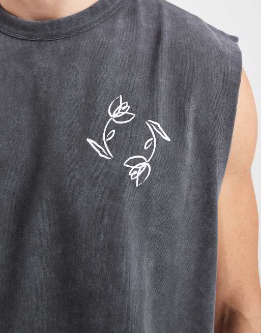 ASOS DESIGN - Top senza maniche squadrato oversize pesante lavaggio antracite con grafica floreale, 5 di 5
