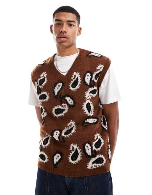 ASOS DESIGN - Top senza maniche taglio comodo con scollo a V in maglia soffice con motivo cachemire