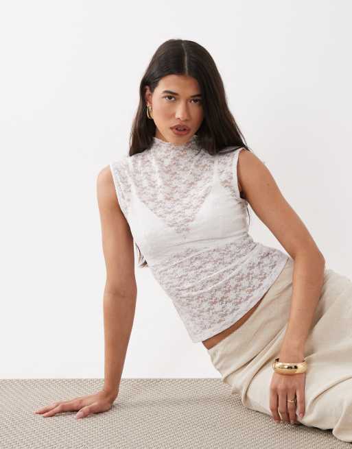 ASOS DESIGN - Top senza maniche taglio lungo bianco in pizzo trasparente
