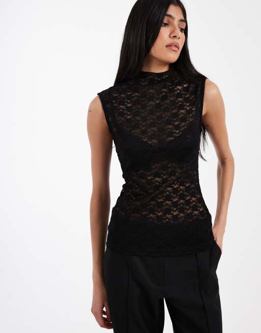 ASOS DESIGN - Top senza maniche taglio lungo nero in pizzo trasparente