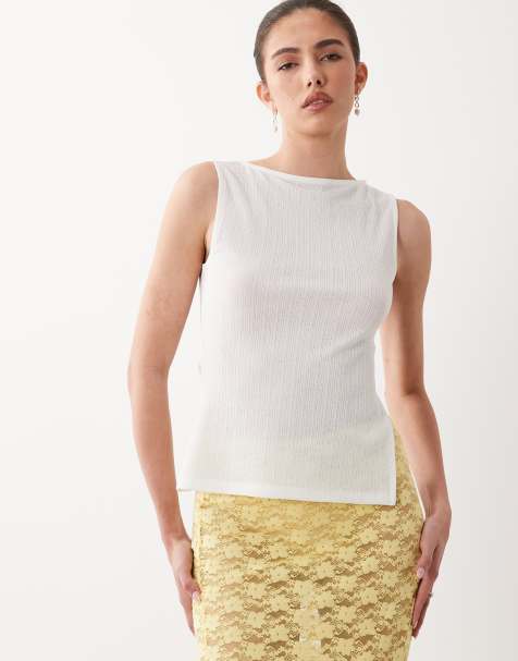 ASOS DESIGN - Top senza maniche taglio lungo semitrasparente bianco a coste con spacco laterale - view 1