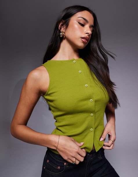 ASOS DESIGN - Top senza maniche verde oliva a coste con bottoni e scollo ampio - view 1