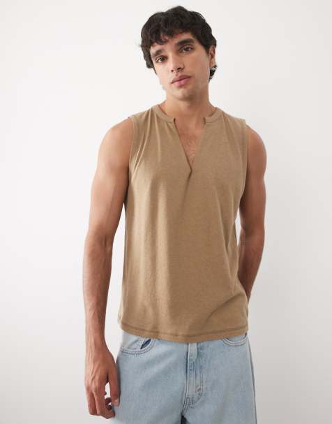 ASOS DESIGN - Top senza maniche vestibilità classica con scollo a V in misto lino marrone - view 1