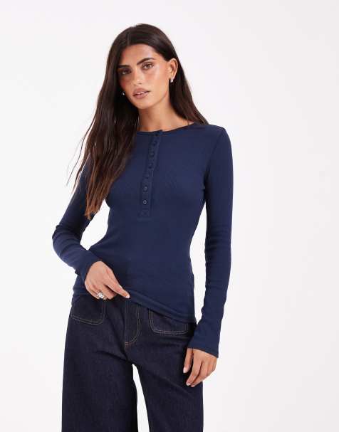 ASOS DESIGN top serafino a maniche lunghe a coste navy - view 1