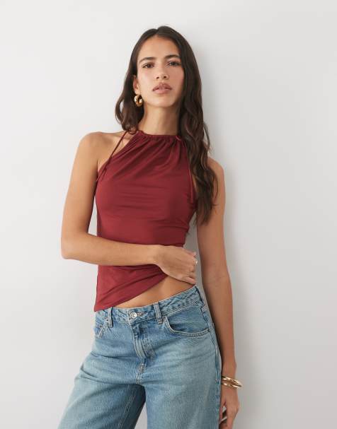 ASOS DESIGN top sin mangas ajustado con escote fruncido y hombros anudados en burdeos - view 1