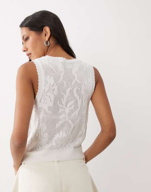 ASOS DESIGN - top sin mangas de punto calado de flores en crema, 4 de 4