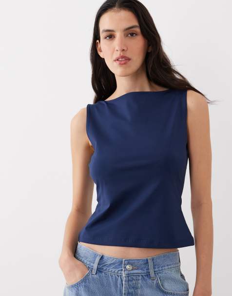 ASOS DESIGN - Top sinuoso blu navy in poliammide con scollo a barchetta - view 1