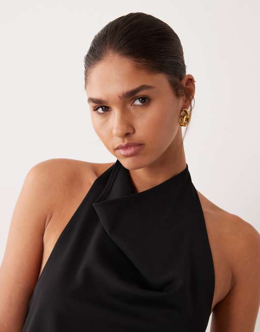 ASOS DESIGN - Top sinuoso in twill nero con scollo ad anello in coordinato, 3 di 4