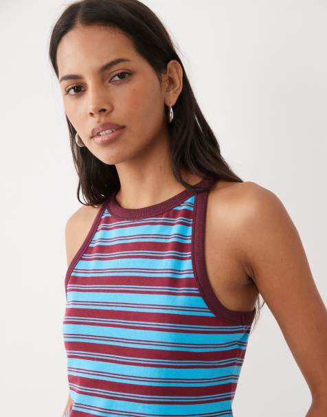 ASOS DESIGN top smanicato a righe a contrasto in blu e bordeaux - view 1