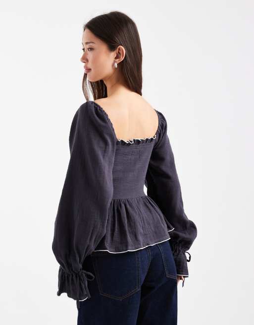 ASOS DESIGN - Top smocké à encolure carrée et coutures contrastantes - Noir délavé, 2 de 4