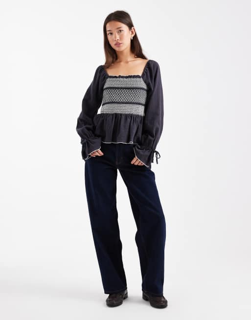 ASOS DESIGN - Top smocké à encolure carrée et coutures contrastantes - Noir délavé, 4 de 4