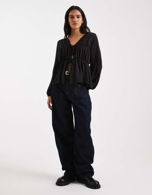 ASOS DESIGN - Top smocké avec manches longues et liens noués à l'avant - Noir, 2 de 4