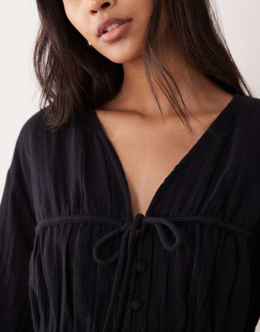 ASOS DESIGN - Top smocké boutonné à l'avant avec manches longues - Noir, 3 de 4