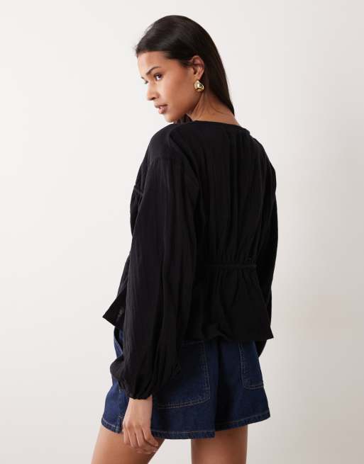 ASOS DESIGN - Top smocké boutonné à l'avant avec manches longues - Noir, 4 de 4