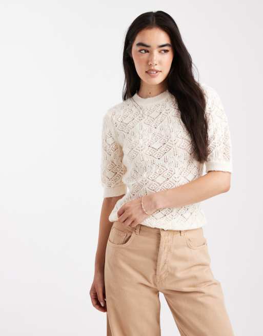ASOS DESIGN - Top soffice in maglia traforata color crema al burro