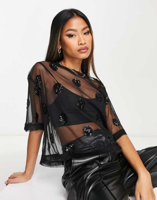 ASOS DESIGN - Top squadrato oversize in rete nera con paillettes a pois