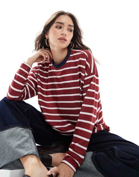 ASOS DESIGN - Top squadrato rosso a righe con maniche lunghe ampie e colletto a contrasto - view 1