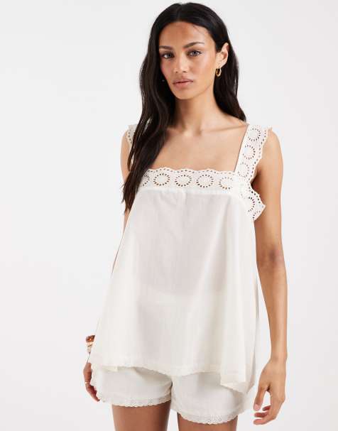 ASOS DESIGN - Top stile babydoll in cotone bianco con finiture in pizzo in coordinato - view 1