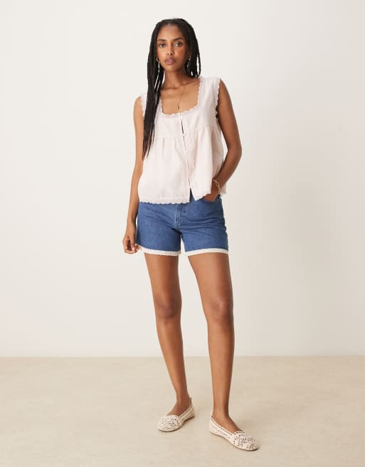 ASOS DESIGN - Top stile babydoll rosa chiaro in cotone con finiture in pizzo, 3 di 4
