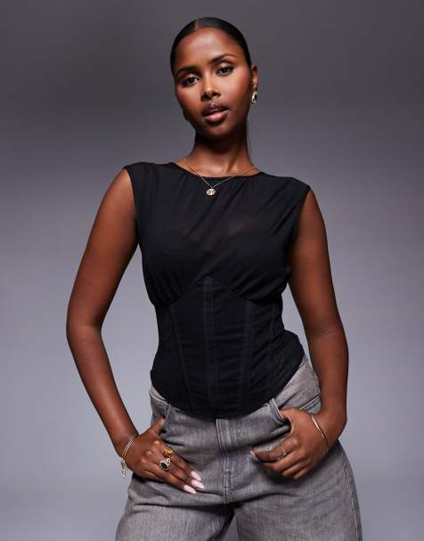ASOS DESIGN - Top stile corsetto in misto rete nero con drappeggio - view 1