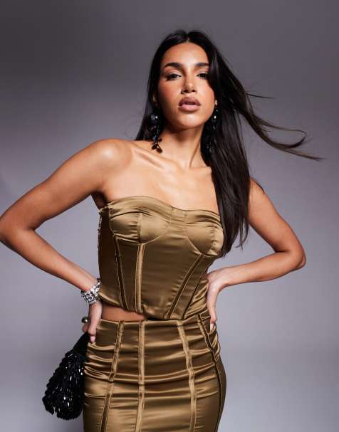 ASOS DESIGN - Top stile corsetto senza spalline in raso elasticizzato color bronzo in coordinato - view 1