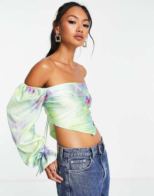 ASOS DESIGN - Top stile foulard a maniche lunghe lime sfumato con stampa a fiori