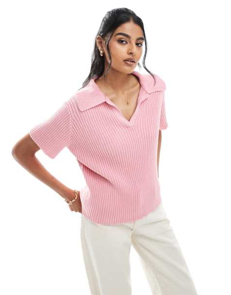 ASOS DESIGN - Top stile polo in maglia rosa - view 1