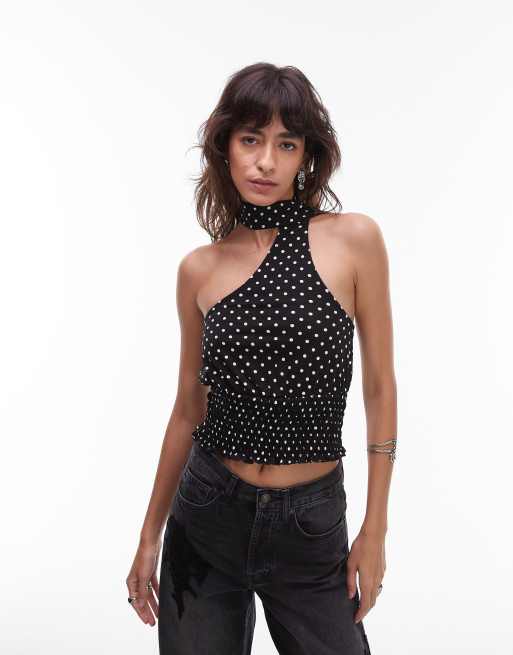 ASOS DESIGN - Top stile sciarpa monospalla con dettaglio arricciato in vita e motivo a pois