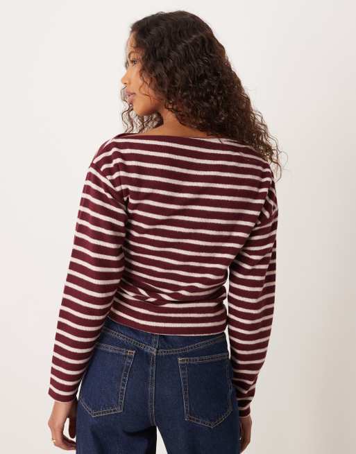 ASOS DESIGN - Top stretto in vita bordeaux a righe spazzolato con spalle scoperte, 3 di 4